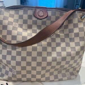 Checkered Canvas Tote Bag with Brown Leather Trim